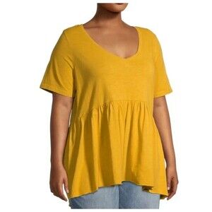 Terra & Sky Yellow Top Size 2X V-Neck Flowy Fit Flare Stretch Blouse Peasant